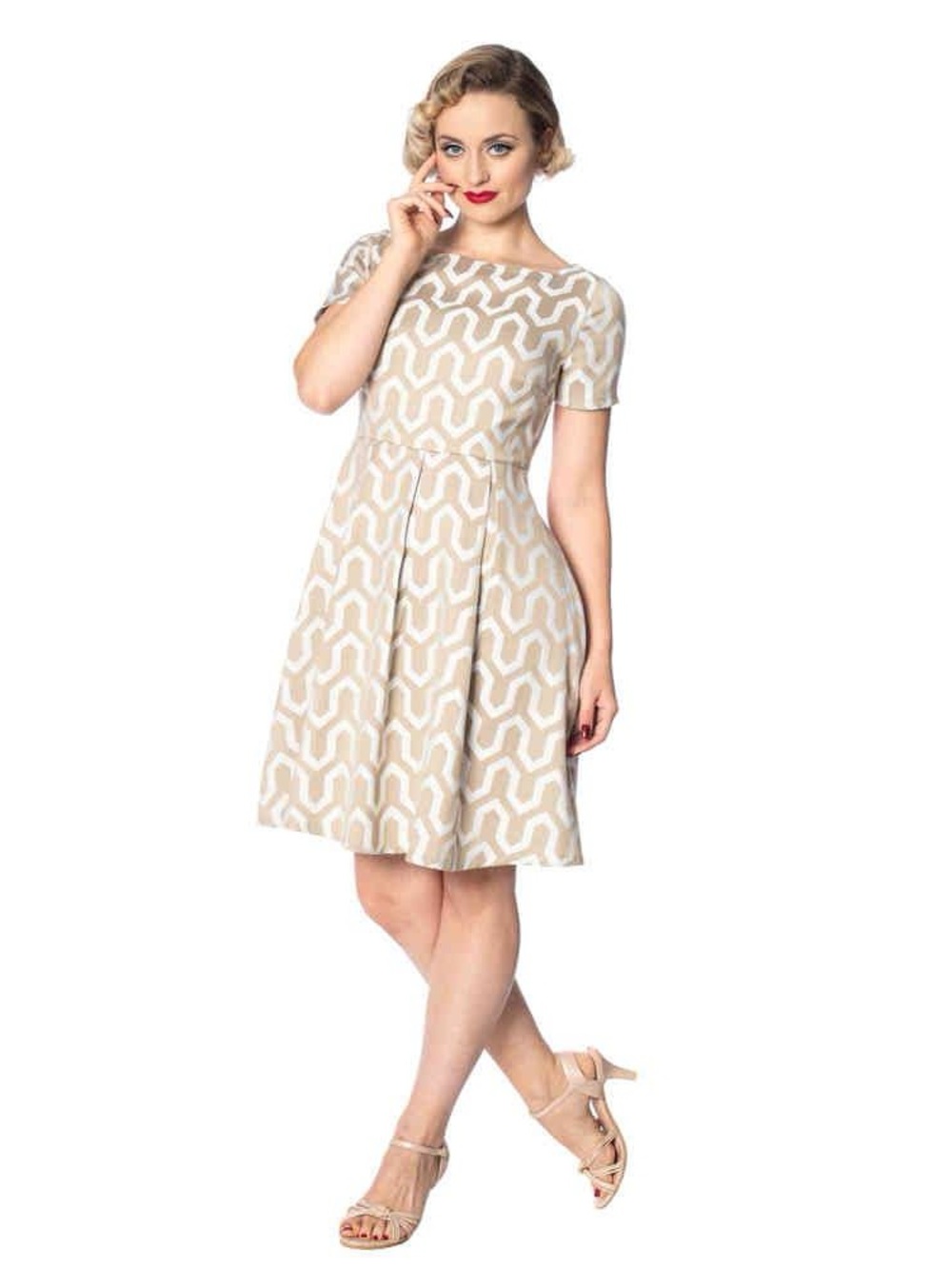 NWT Banned Retro Beige White Geometric Fit & Flare Dress Mod Rockabilly Size Med